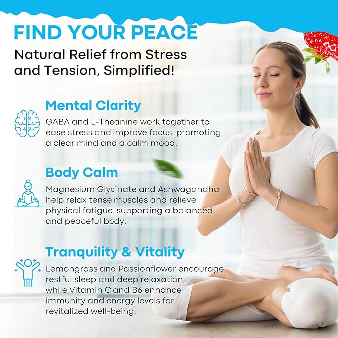 GABA L-Theanine Drops - Liquid GABA L-Theanine Supplement with L-Theanine Ashwagandha Magnesium Glycinate Vitamin C B6 - Support Sleep Relaxation Calm Mood &amp Focus - Strawberry Flavor 2 Fl