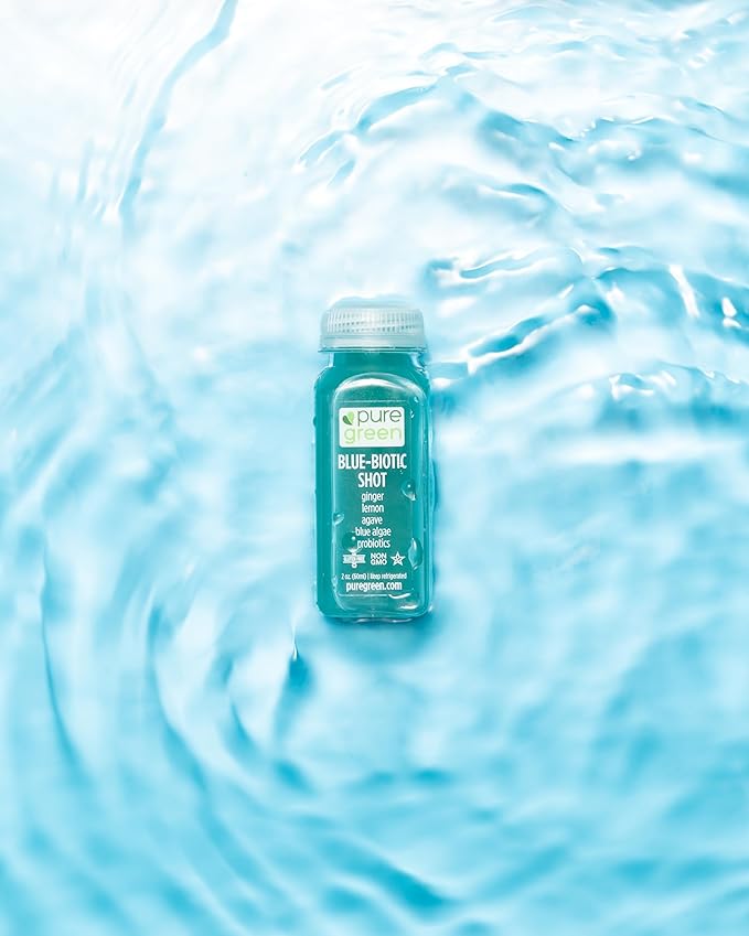 Pure Green Cold Pressed Shots - Blue Biotic Shot - Fresh Functional Blend w/ Lemon Ginger Blue Algae - Natural Gluten Free Non-GMO No Artificial Colors or Flavors - Made from Real Fruits &amp Ve