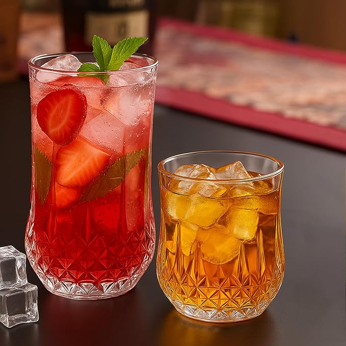 Ruckae Drinking Glasses Set of 811 oz and 7 oz Kitchen Water Glass Cups SetClear Curvature Glassware Dishwasher SafeMixed Drinkware for BeerJuiceCocktailWhiskeyMilk and Various Mixed Drinks