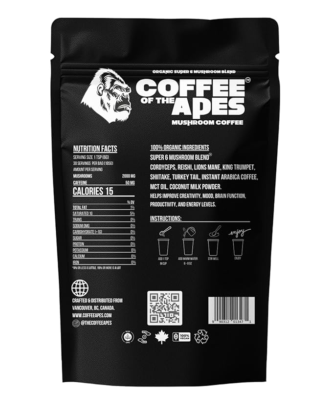 Coffee Of The Apes - Organic Instant Mushroom Coffee - High Potency Functional Adaptogen Drink with Lion's Mane Cordyceps Reishi Turkey Tail King Trumpet Shiitake Real Arabica Beans and MCT OIL