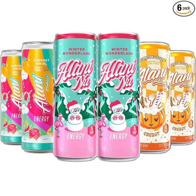 New Alani Energy Drinks Winter Wonderland Sherbet Swirl Pumpkin Cream Variety Pack Sugar-Free Low-CalorieEnergy Boost Drink 12 fl oz (Pack of 6)