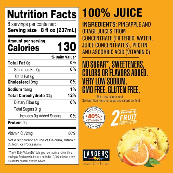 Langers Pineapple Orange 100% Juice 64 fl oz (Pack of 8)