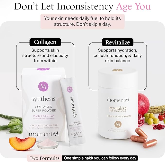 momentM Synthesis Plant Based Collagen for Women &amp Men - Peptides Powder for Hair Skin Nails and Joints - Vegan Hydrolyzed Collagen Peptides Powder with VEGCOL® - Peach Iced Tea (30 Stick Packs)