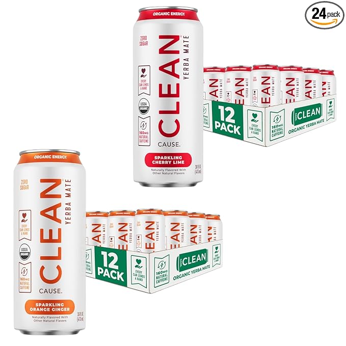 CLEAN Cause Zero Calorie Zero Sugar Orange Ginger &amp Cherry Lime Yerba Mate Organic Energy Drink Alternative (16oz cans 2-12-Pack Case) Keto Friendly 160mg Caffeine