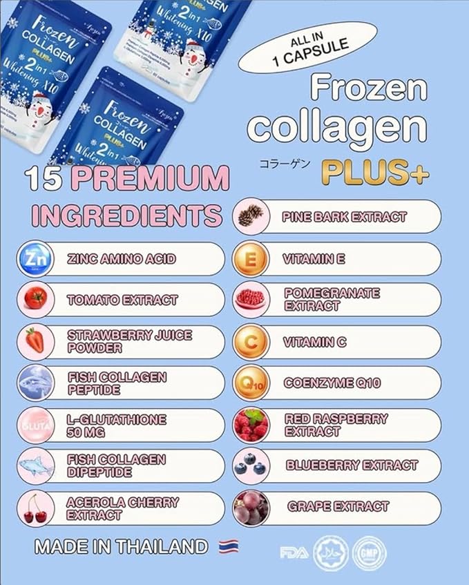 Frozen Collagen Plus+ 2-in-1 Marine Supplement - 100mg Collagen Peptide 100mg Collagen Dipeptide &amp 50mg L-Glutathione per Capsule for Skin Radiance - 120 Capsules (2-Pack)