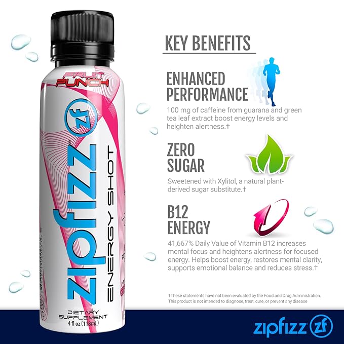 Zipfizz Liquid 4oz Energy Shot Healthy Hydration B12 and Multi Vitamin Drink Fruit Punch (24 Count)