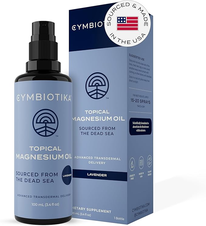 CYMBIOTIKA Topical Magnesium Oil Spray for Body USA Made Supplement for Leg Cramps Muscle Joint Health &amp Sleep Support Includes Magnesium Chloride Lavender Extract Aloe Vera - Skin Applicat