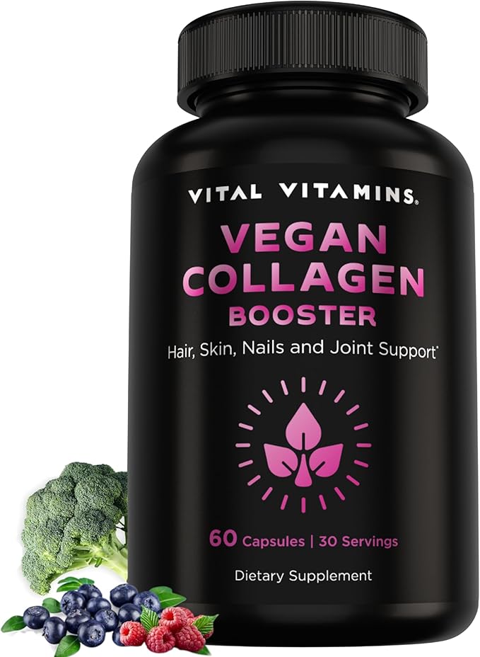 Vital Vitamins Vegan Collagen Booster - with Silica and Hyaluronic Acid - Plant-Based Collagen Supplements - Supports Hair Skin Nails &amp Joints - 60 Capsules