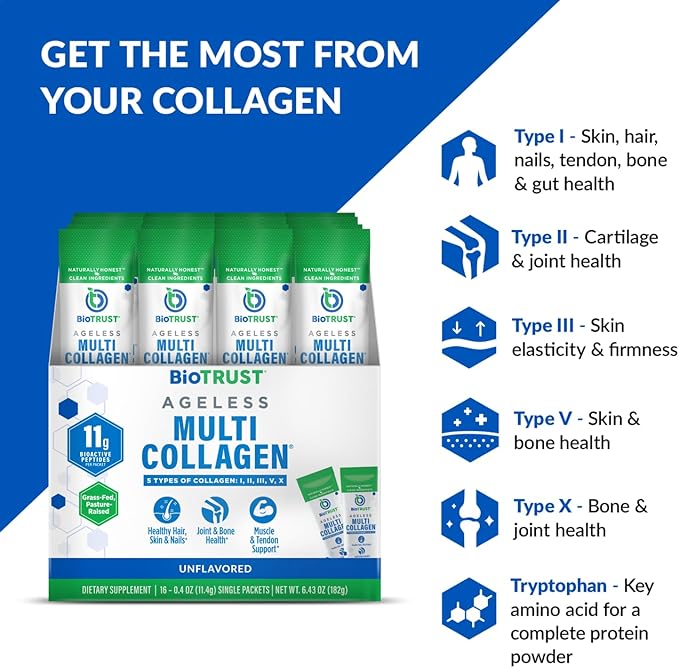 BioTrust Ageless Multi Collagen Peptides Powder – Types I II III V X – Unflavored Collagen Powder for Women &amp Men – Hydrolyzed Protein– Grass Fed Beef Fish Chicken Eggshell Membrane(16 pack