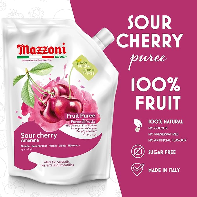Mazzoni - Cherry Puree 100% Italian Pure Sour Cherry (Amarena) Juice Just Fruit No Sugar Added Real Fruit Mixer for Cocktails Drinks Smoothies - 2.2 lb Convenient Pouch Made in Italy
