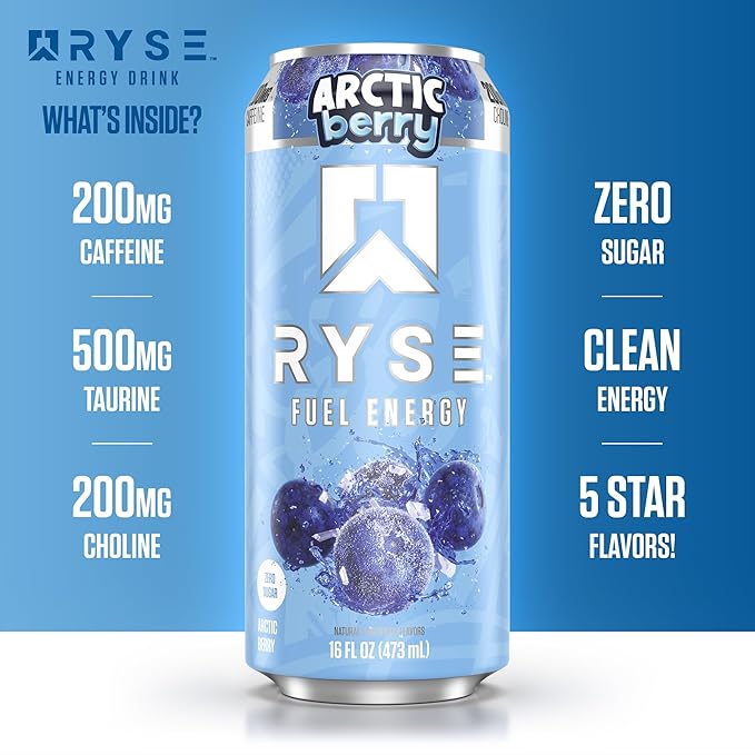 RYSE Fuel Energy Drink - Arctic Berry - Sugar Free Gluten Free &amp Vegan - 200mg Natural Caffeine Taurine &amp Choline for Focus &amp Energy - No Artificial Colors - 16 fl oz Cans (12-Pack)