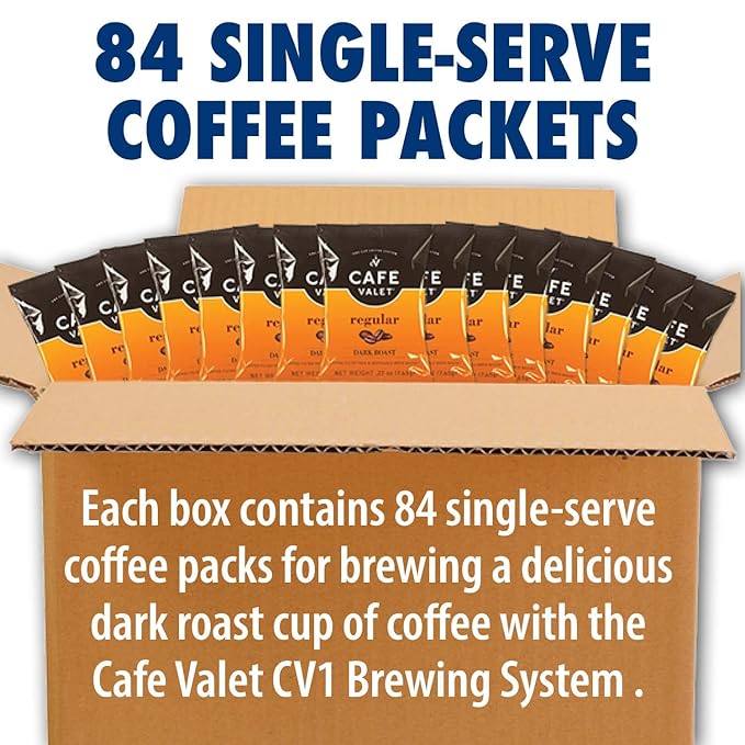 Café Valet Regular Dark Roast Single Serve Coffee Packets – 84 Count – For Use with Café Valet Single Serve Cofee Makers – Disposable Brew Basket &amp Cofee Pack