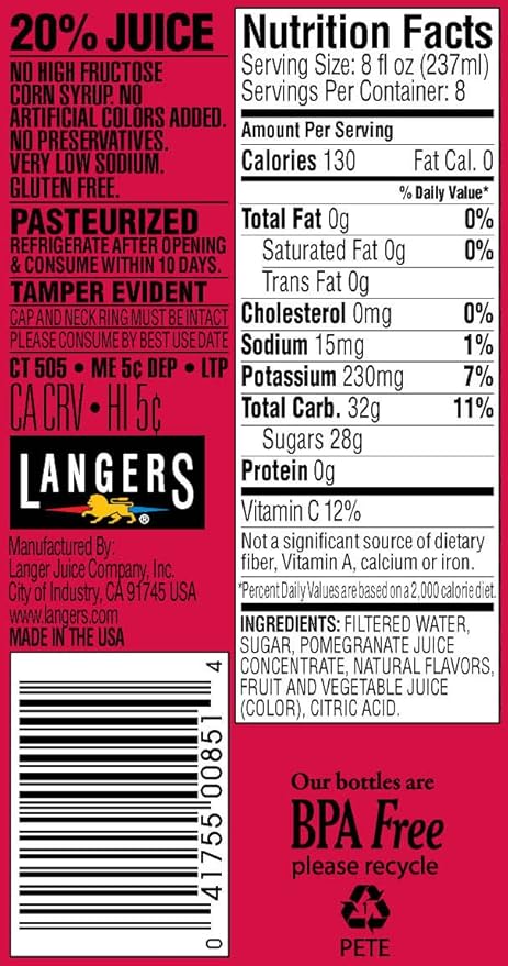 Langers Juice Cocktail Pomegranate 64 Fl Oz (Pack of 8)