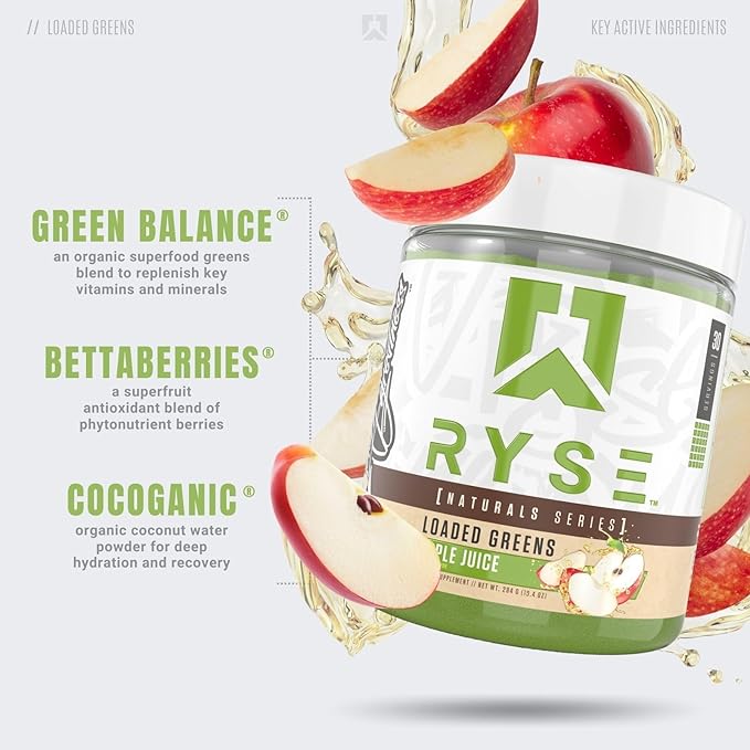 RYSE Loaded Greens Superfood Powder - Apple Juice - Daily Supplement with Greens Balance BettaBerries &amp Sukre Fiber - Supports Digestion Immunity &amp Energy - No Artificial Sweeteners - 30 Ser