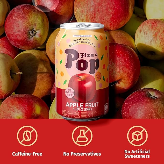 NÜLIFE Fizz &amp Pop Sparkling Popping Boba Drink Apple Carbonated Drink with Mango Style Bursting Pearls Sparkling Juice in Can Caffeine-Free Authentic Taiwan Sparkling Boba Fruit Juice 11.2 Fl