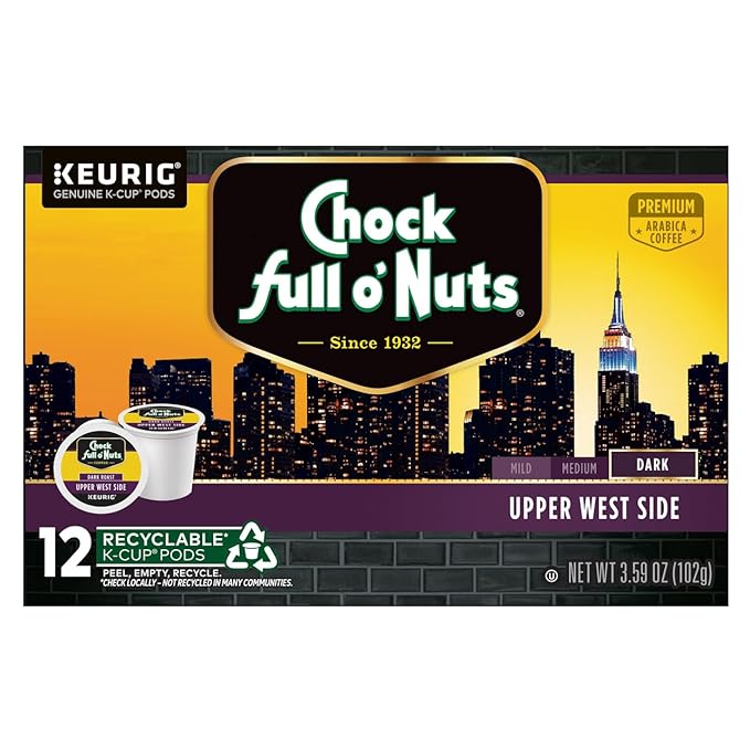 Chock Full o'Nuts Upper West Side Coffee Dark Roast Compatible with K-Cup Pods 12 CT (Pack of 3)