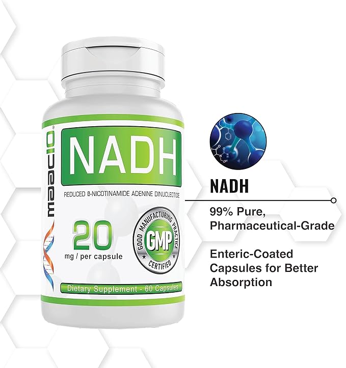MAAC10 NADH Supplement 20mg Each 60 Capsules for Energy Fatigue Mental Focus &amp NAD+ Longevity Support | Pharmaceutical Grade 99% Pure NADH