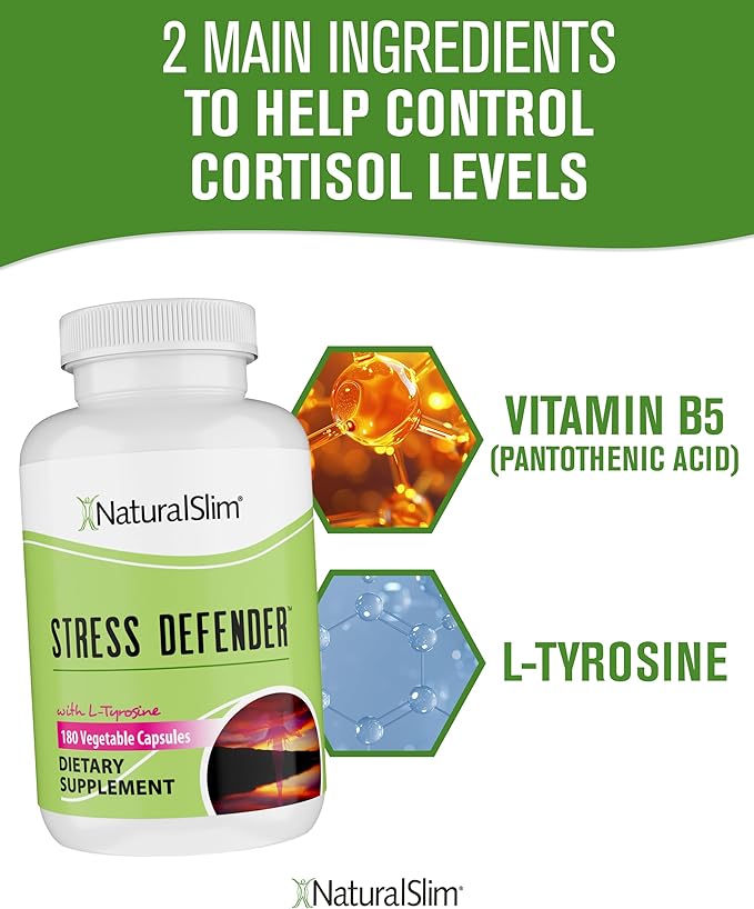 NaturalSlim Stress Relief Supplement - Stress Defender High Cortisol Reducer Control Cravings Sleep &amp Metabolism Support with Vitamin B5 Pantothenic Acid &amp L Tyrosine 180 Vegetable Capsules