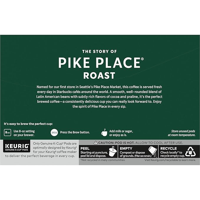 Starbucks K-Cup Coffee Pods Medium Roast Hot or Iced Coffee Pike Place Roast 10 Keurig Pods