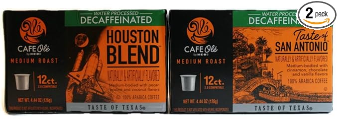 Cafe Ole Taste of Texas DECAF Bundled San Antonio/Houston Single Serve Coffee Cups 12 Cups Each (Pack of 2)