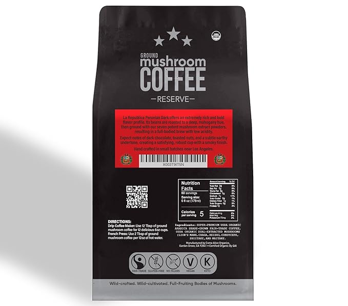 La Republica Peruvian Dark Reserve Coffee Ground for Espresso Maker (Lion's Mane Reishi Chaga Dark Roast 60 Servings)