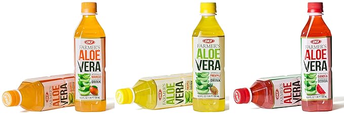 OKF Farmer's Aloe Vera Drink Flavored Variety Pack - Original Pomegranate Pineapple Strawberry Watermelon Flavored Aloe Drinks (16.9oz/500ml Bottles 10 Count)