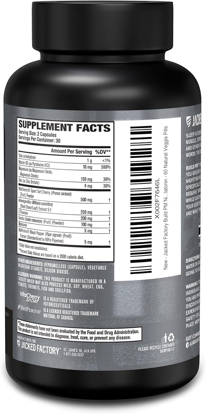 Jacked Factory Build PM Night Time Muscle Builder &amp Sleep Aid - Post Workout Recovery &amp Sleep Support Supplement w/VitaCherry Tart Cherry Ashwagandha &amp Melatonin - 60 Natural Veggie Pill