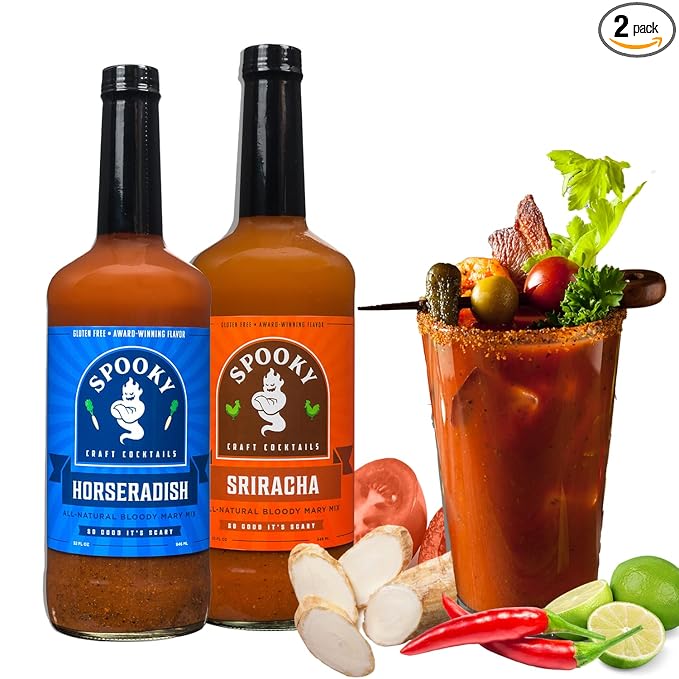 SPOOKY - Bloody Mary Mix Variety Pack - Featuring Horseradish &amp Sriracha - No Artificial Color or Flavor - No Preservative No MSG Low Carb Low Calorie &amp Gluten Free - 32 Oz (Pack of 2)