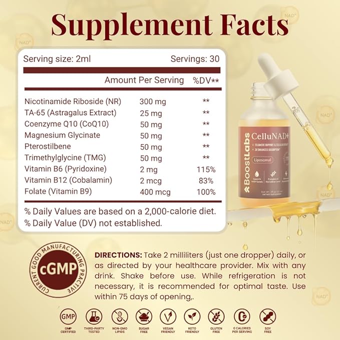 Liposomal NAD+ Supplement Liquid Drops - High Potency NMN Alternative for Cellular Energy Healthy Aging &amp Brain Fog - Fast-Absorbing NAD Liquid Formula (2oz)