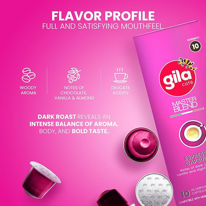GILA Café Master Blend Aluminum Coffee Capsules – Dark Roast Espresso Pods Compatible with Nespresso Original Machines – Mexican Arabica Blend with Chocolate &amp Vanilla Notes 60 Count