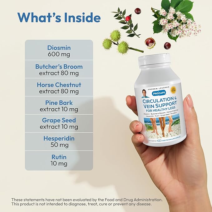 ANDREW LESSMAN Circulation Vein Support for Healthy Legs 180 Capsules - High Bioactivity Diosmin Butcher's Broom Visibly Reduces Swelling and Discomfort in Feet Ankles Calves Legs