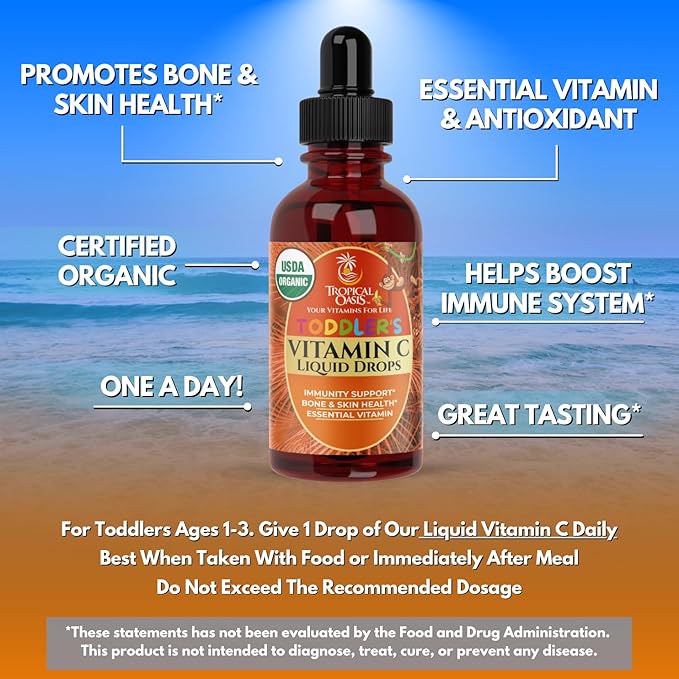USDA Organic Toddler Vitamin C Drops | Organic Vitamin C Liquid Drops for Toddlers &amp Babies Ages 1-3 Years | Supports Healthy Immune System | Vegan | Non-GMO | Gluten Free | 60 Servings