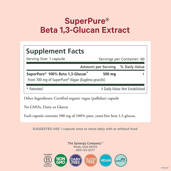 PURE SYNERGY SuperPure Beta 13-Glucan Extract | 500 mg Beta 13-Glucan Supplement from Algae | Yeast-Free Non-GMO Standardized Extract | Supports Immune Health &amp Digestion (60 Capsules)