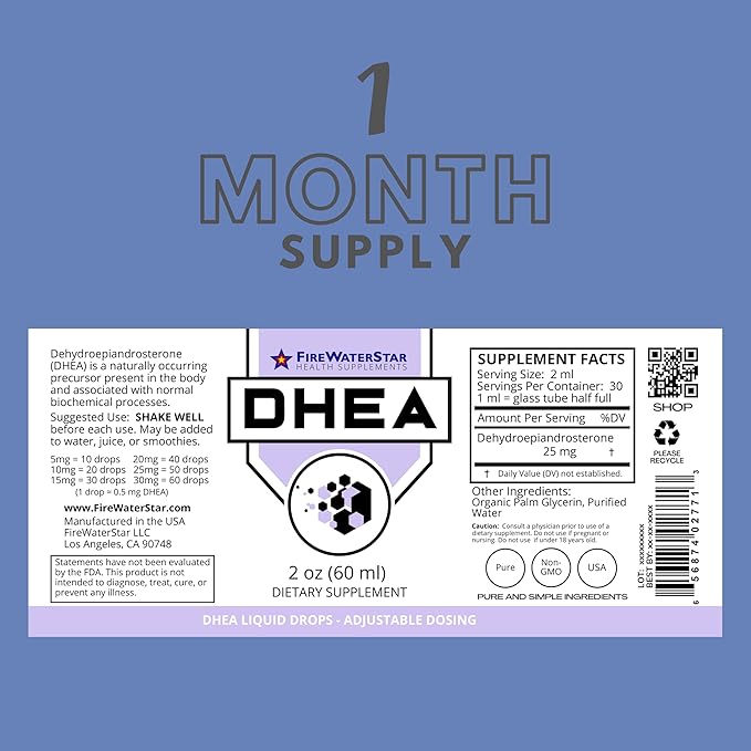 FWS DHEA Liquid Drops - Pure DHEA Supplement for Men and Women - Adjustable Dosing 5mg 10mg 25mg 50mg - Dehydroepiandrosterone Dietary Supplement