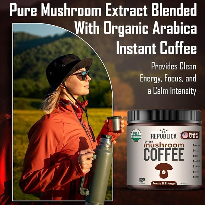 La Republica Instant Mushroom Coffee Organic – 100% Arabica Coffee with Lion’s Mane Reishi &amp 5 More Mushrooms for Focus Immunity Energy Support &amp Fast Metabolism – 35 Servings
