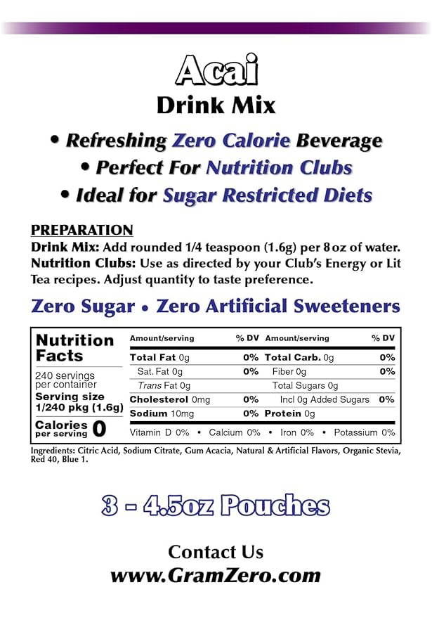 GramZero Acai Zero Calorie Sugar Free Drink Mix Great For Nutrition Club Loaded Tea Stevia Sweetened