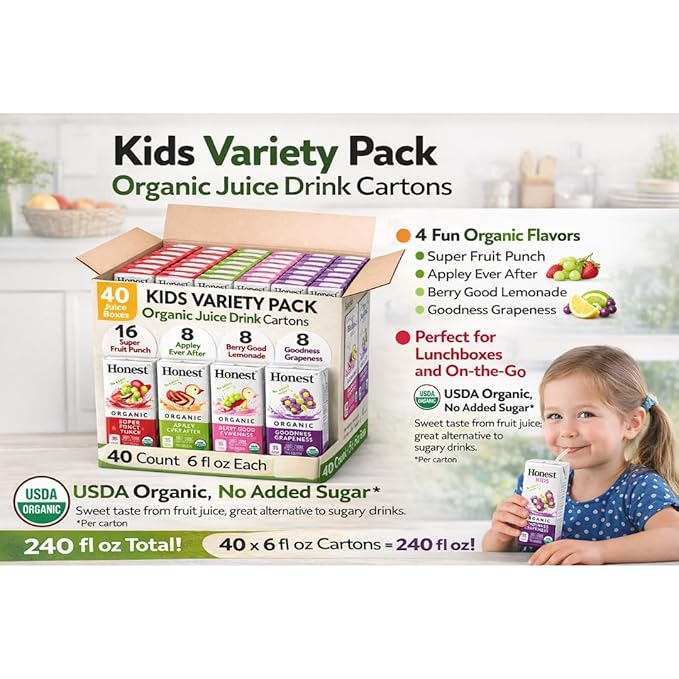 Kids Variety Pack Organic Juice Drink Cartons 40 Count (6 fl oz Each) – Super Fruit Punch Appley Ever After Berry Good Lemonade &amp Goodness Grapeness – USDA Organic No Added Sugar