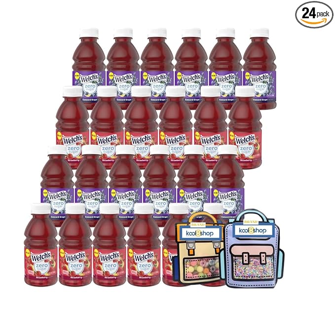 Welch's Zero Sugar Variety Pack Juice Drink 10 fl oz Plastic Bottle 24 Pack + 2 Reusable Snack Bags by KOOL8SHOP Infinite Deals
