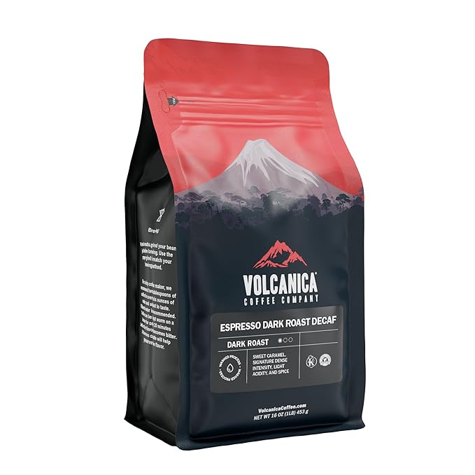 Volcanica Espresso Beans Decaf Coffee Dark Roast Whole Bean Coffee Bold Sweet Flavor Swiss Water Process Fresh Roasted Kosher Vegan Gluten-Free 16 oz