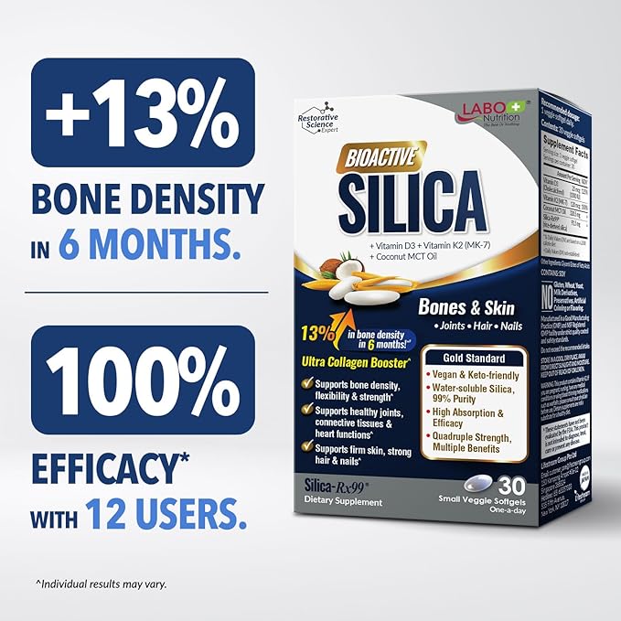 LABO Nutrition Bioactive Silica – Hair Skin Nails Collagen Formation Joint &amp Bone Strength – Support Bone Health &amp Collagen Booster– 99% Purity Rice-Derived Silica Supplement 30 Vegan Sof