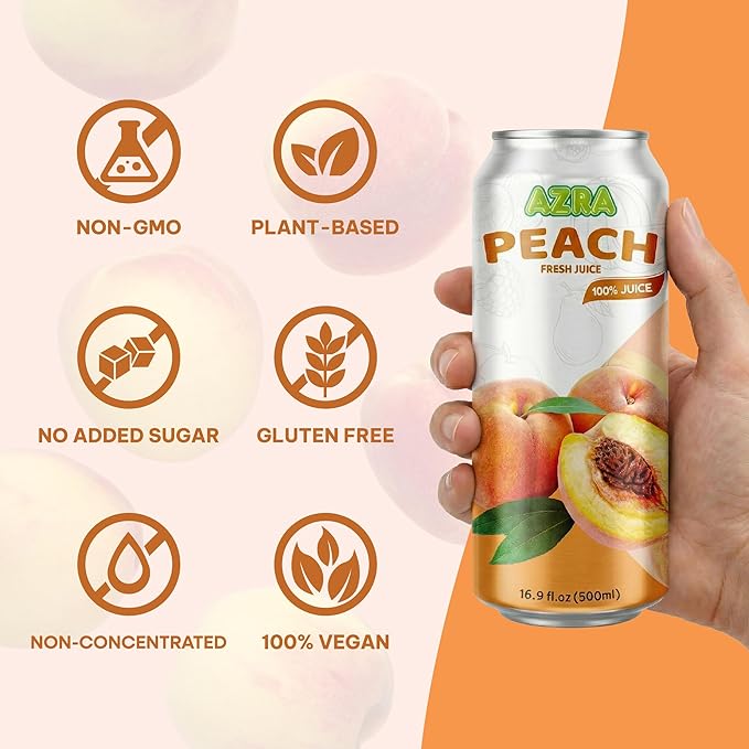 AZRA 100% Peach Juice 500 ml Can (Pack of 12) – Fresh Peach Fruit Juice Beverages No Added Sugar – Healthy Drinks for Adults and Kids – Real Fruit Juice Variety – 100 Percent Juice 16.9 fl oz