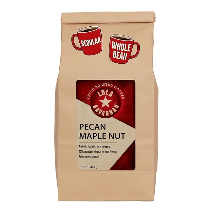 Lola Savannah Pecan Maple Nut Flavored Whole Bean Caffeinated Coffee 16 Ounce Bag