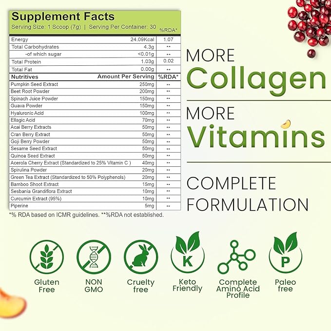 Plant Based Skin Collagen Builder Powder for Men &amp Women Mixed Fruit with Hyaluronic Acid Biotion Vitamin E &amp C | Skin Collagen Booster | Healthy Skin Joints Hairs &amp Nails 210g (Pack