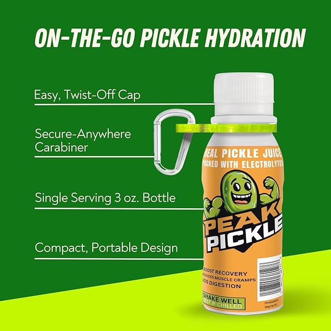 Peak Pickle 3oz Pickle Juice Shots – Electrolyte Beverage Made from Natural Pickle Brine – Travel Size Sports Hydration Drink (12 Pack with Holder)