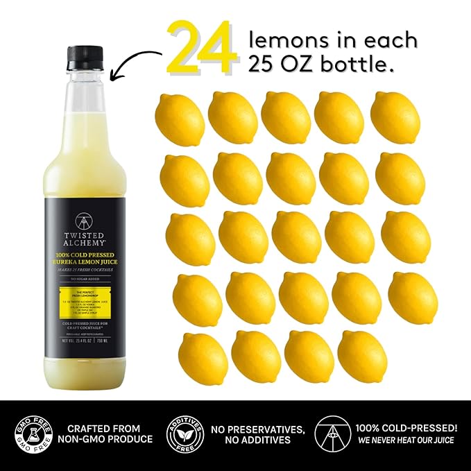 Twisted Alchemy Cold Pressed Fresh Juice For Craft Cocktails -Fresh All Natural Hand Squeezed Lemon Juice Cocktail Mixer - (25 Oz Bottle Pack Of 3) - Preservative Free Non-GMO 100% Pure -