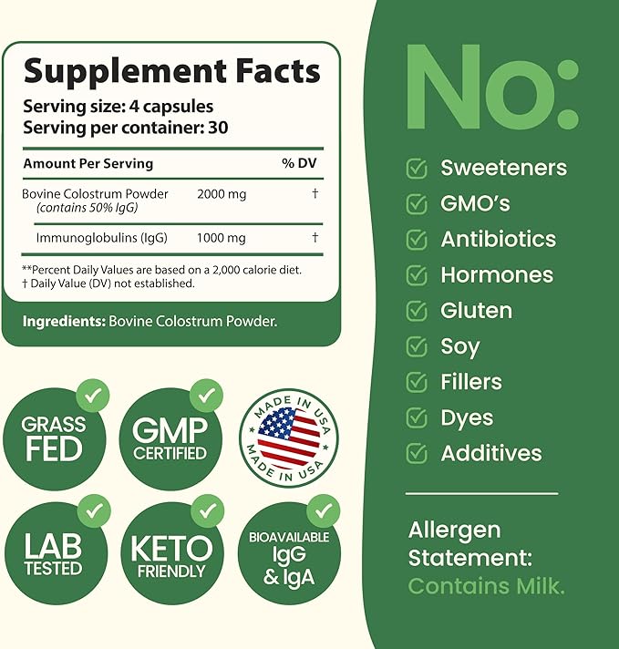 Immerge Health Super Colostrum Capsules - 120 Count High IgG Bovine Supplement for Gut Health Hair Growth Bloating &amp Immunity - 100% Grass Fed First Milking Tasteless &amp Travel Friendly USA