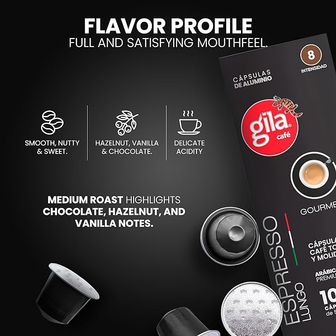GILA Café Espresso Lungo Aluminum Coffee Capsules – Medium Roast Coffee Pods Compatible with Nespresso Original Machines – 100% Mexican Arabica with Hazelnut &amp Vanilla Notes 10 Count
