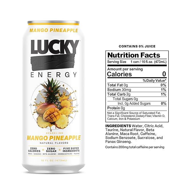 Lucky Energy Sugar Free Energy Drinks Mango Pineapple 16oz Cans (12-Pack) Healthy Zero Sugar Energy Drink with Maca Ginseng Beta-Alanine Taurine &amp 200mg Caffeine
