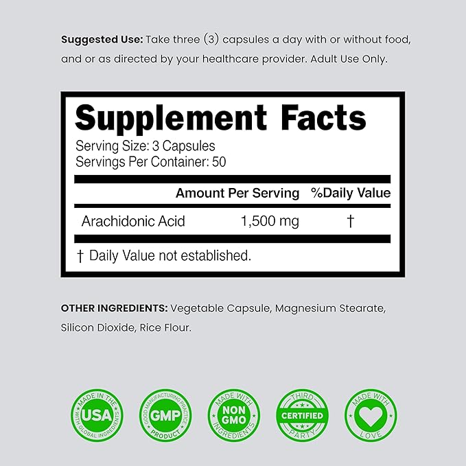 Arachidonic Acid Supplement 1500mg (150 Capsules) - Muscle and Strength Supplement for Muscle Mass &amp Recovery for Men &amp Women - Gluten Free &amp Non-GMO - 3rd Party Tested - (150 Capsules)