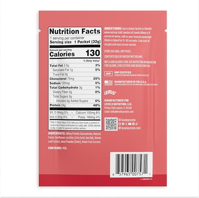 Levels Grass Fed Whey Protein Powder No Artificials 24G of Protein Strawberry 12 Count